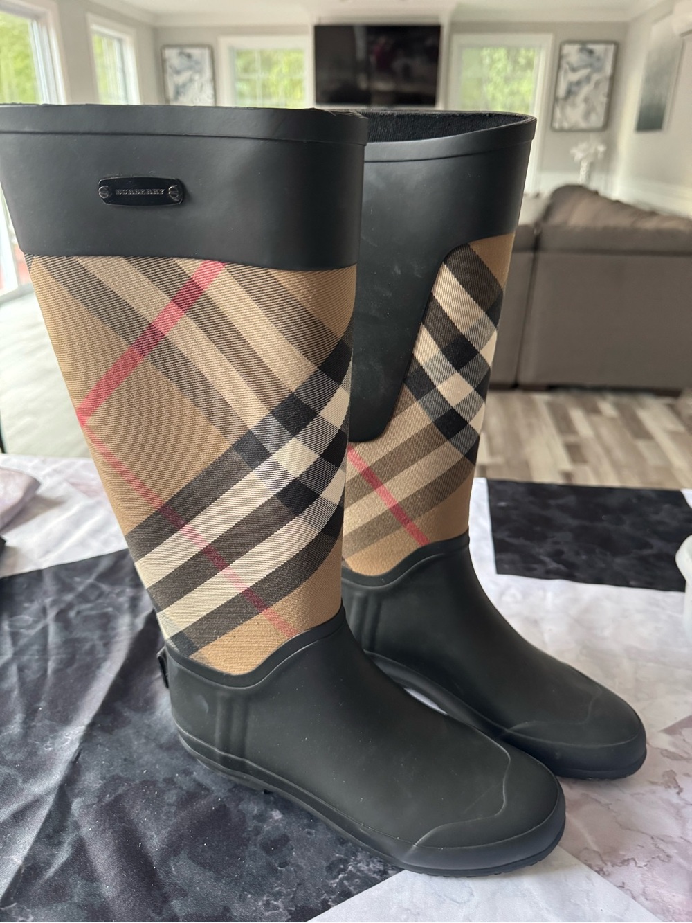 Burberry Black Rubber Foot & Beige Nova Check Tall Rain Boots